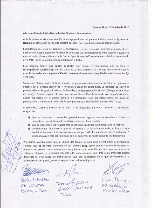 CARTA DE LA NARANJA PRESENTADA A LA DIRECTIVA DE FOETRA